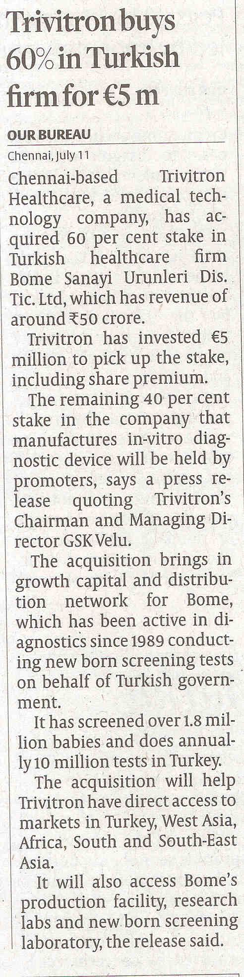Trivitron buys 60% in Turkish Firm - Our Bureau