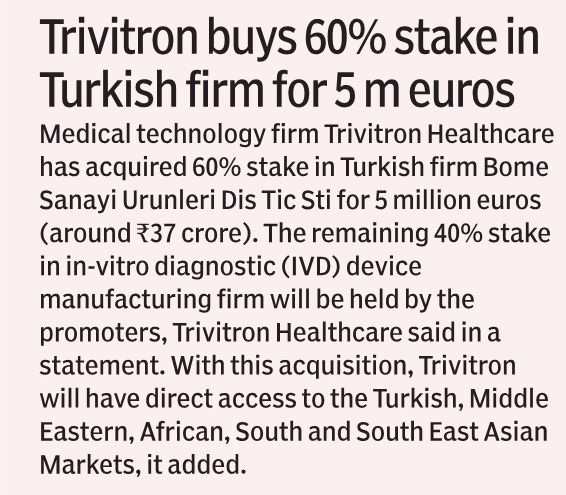 Trivitron buys 60% stake in Turkish firm for five million euros