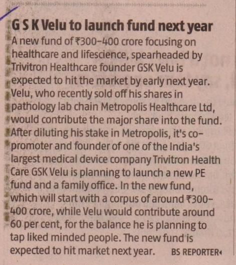 GSK Velu to launch fund next year - BS Reporter