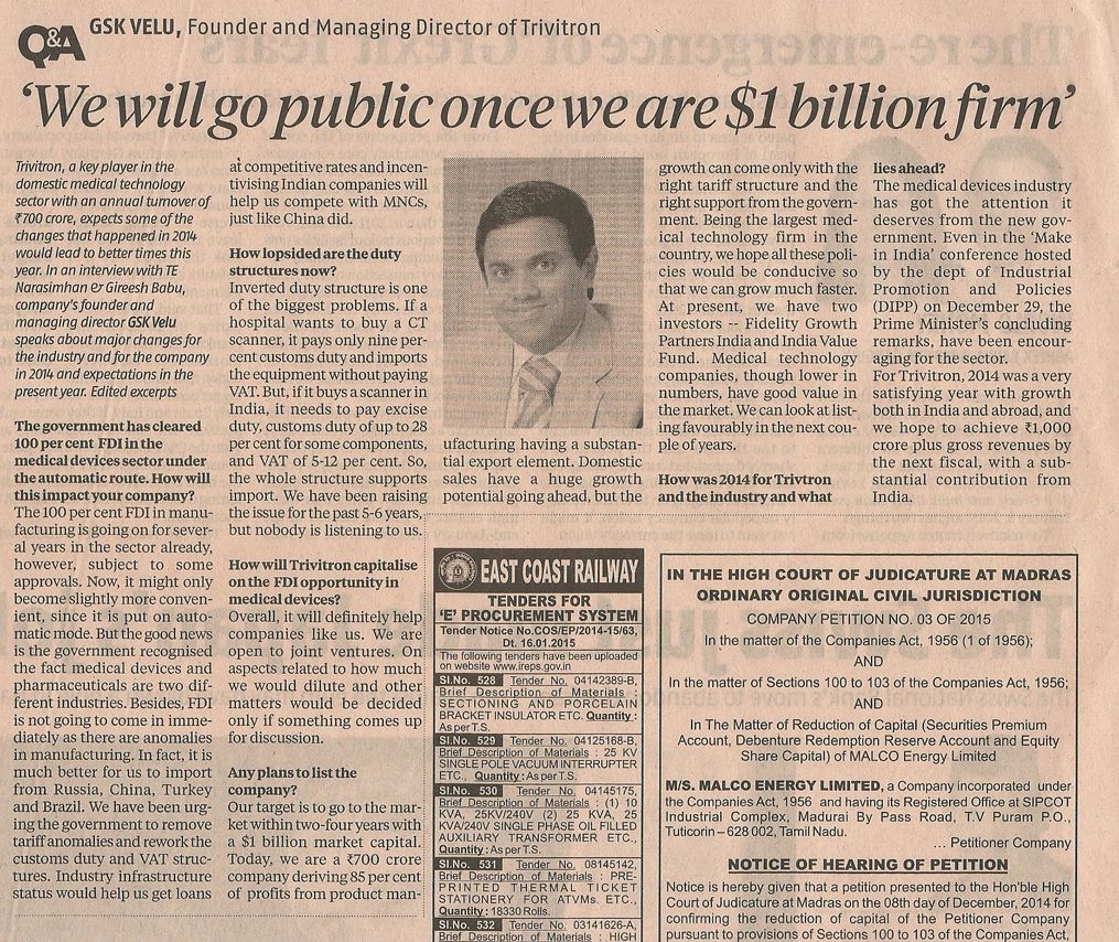 We will go public once we are one billion dollar firm"- GSK Velu Founder and Managing Director of Trivitron